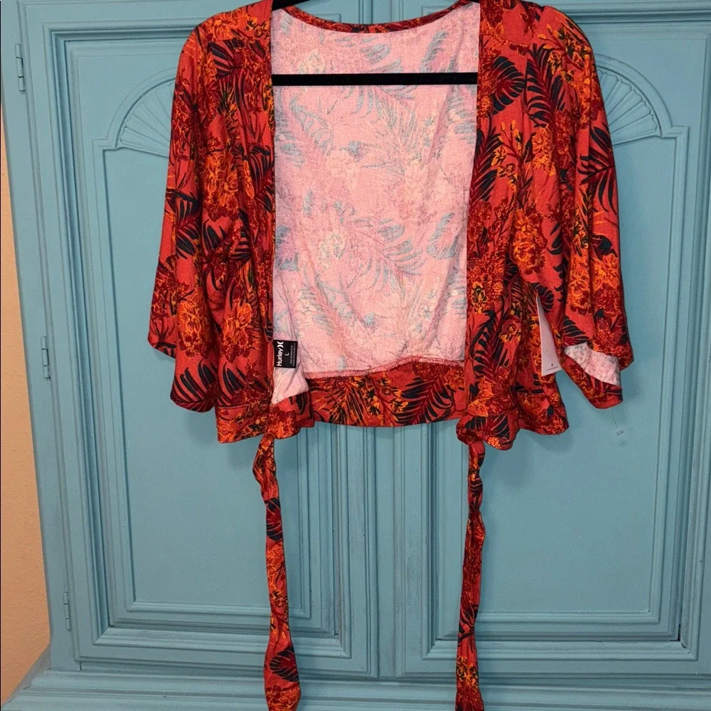 NWT Hurley Summer Palm Flounce Top orange red palm print - deep v tie back - Picture 7 of 8